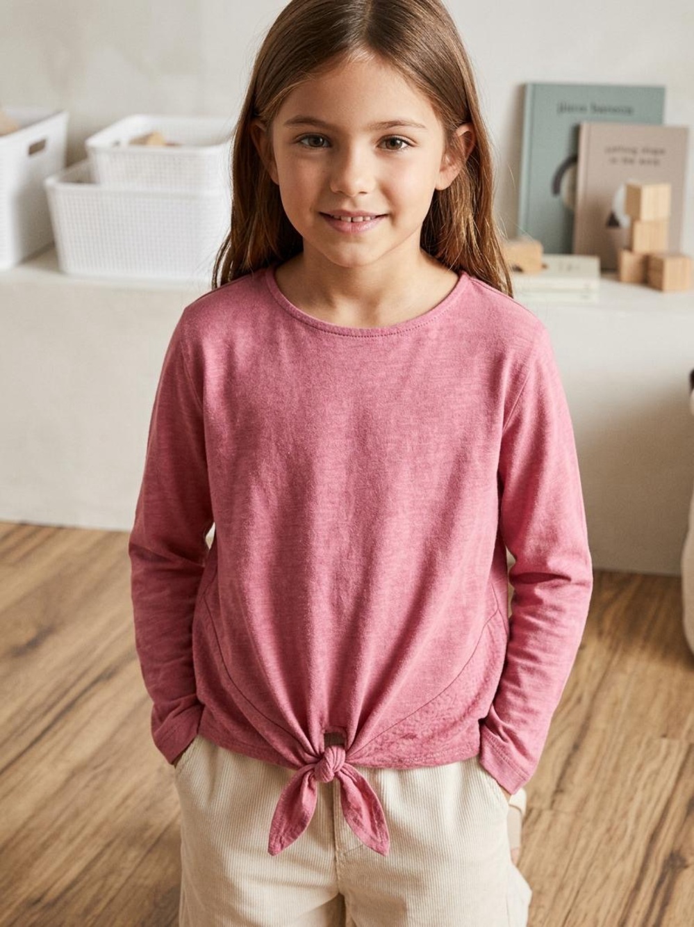 Zara Girls' Long-Sleeve Tie-Front Top in Rose Pink